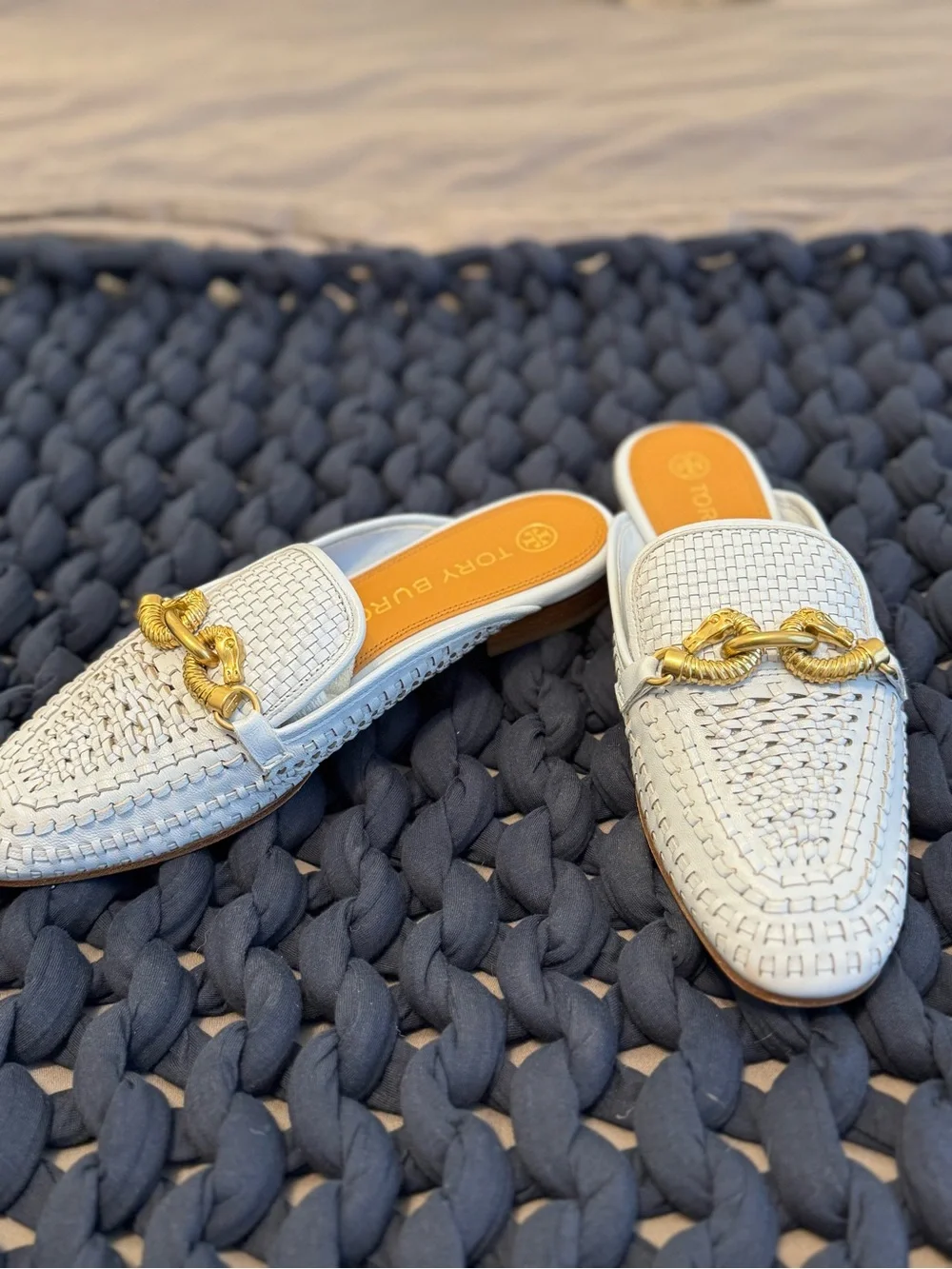 Tory Burch Sky Blue Woven Leather Backless Loafers with Gold Chain
